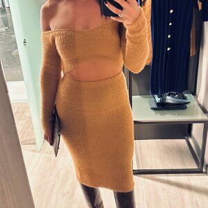 Off-Shoulder Cut-out Sweater Midi Dress in Camel